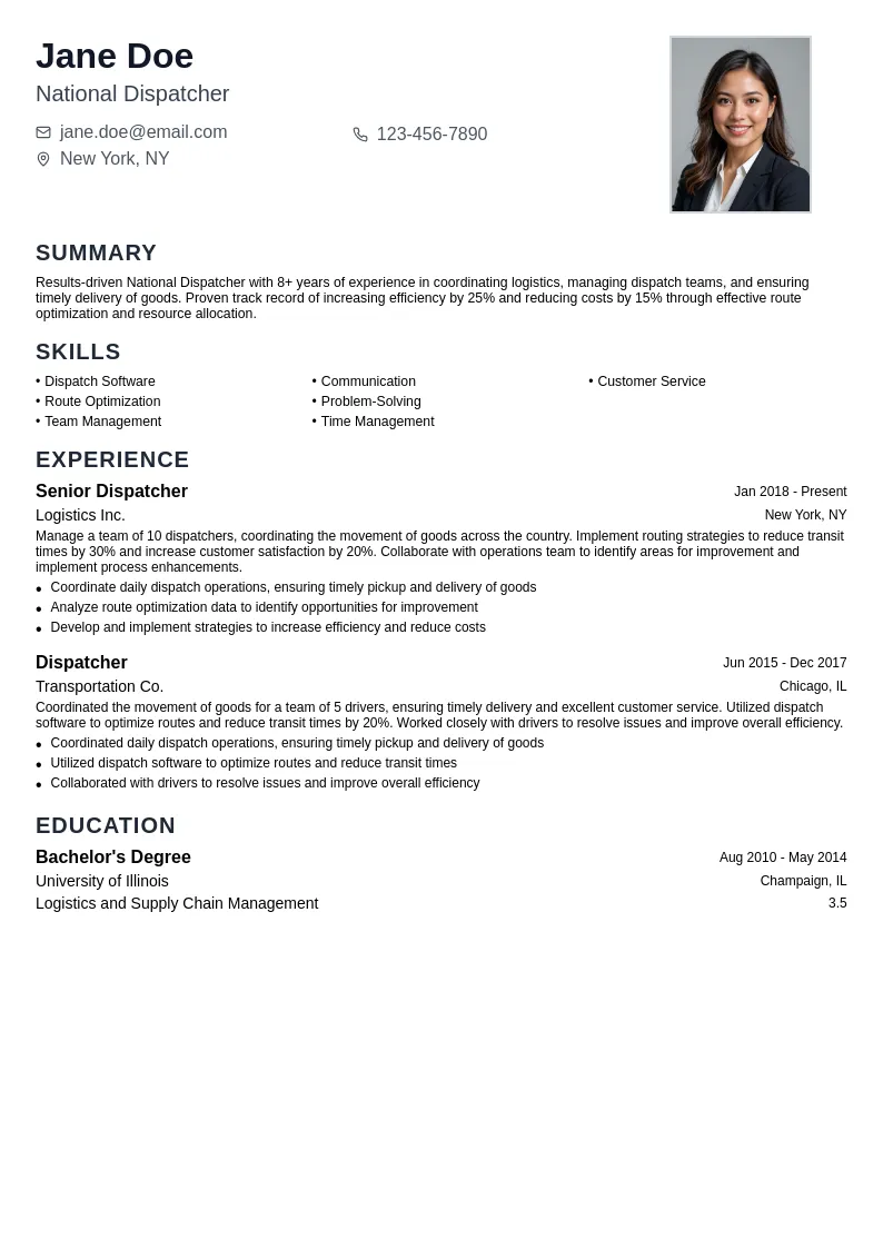 National Dispatcher resume example
