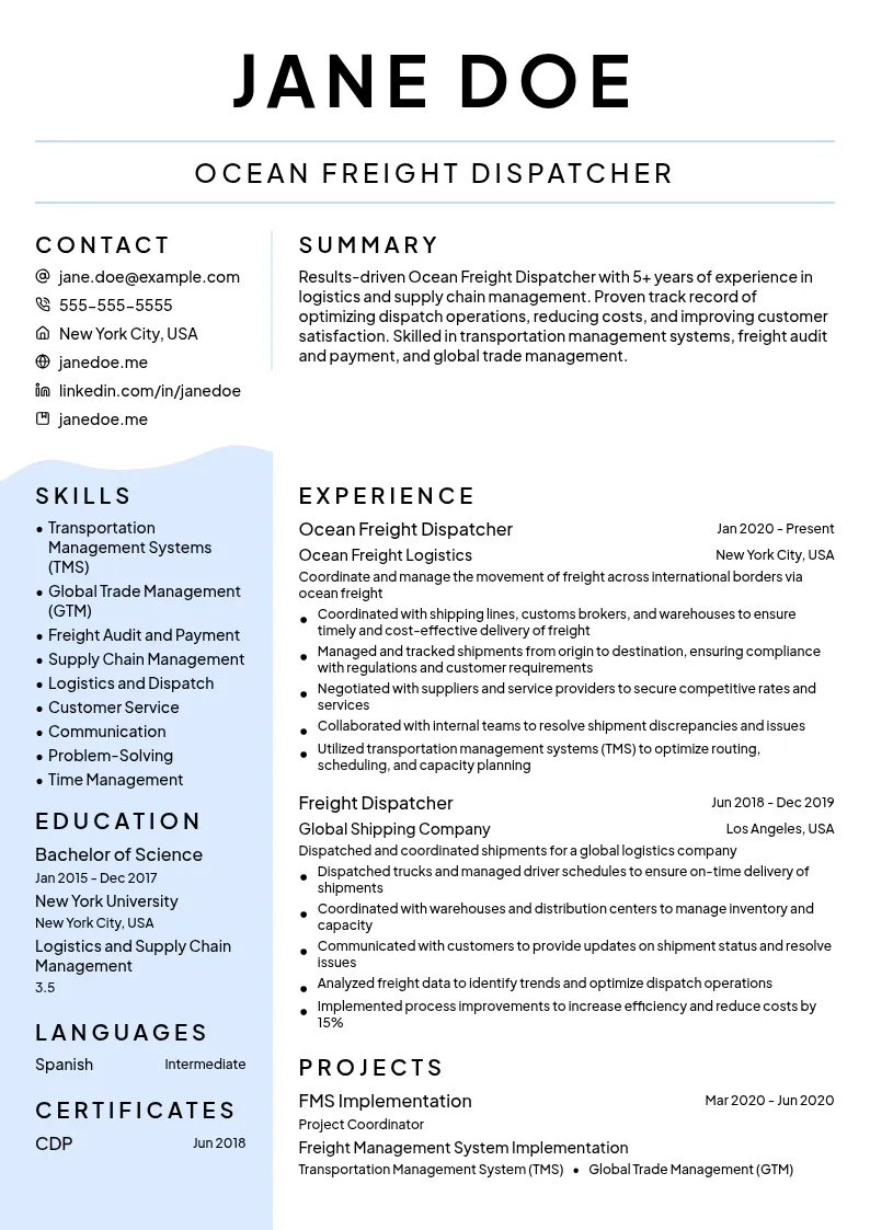 Ocean Freight Dispatcher resume example