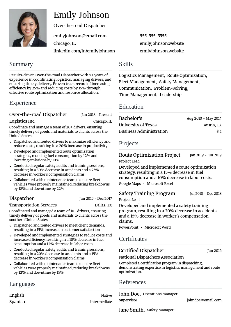 Over-the-road Dispatcher resume example