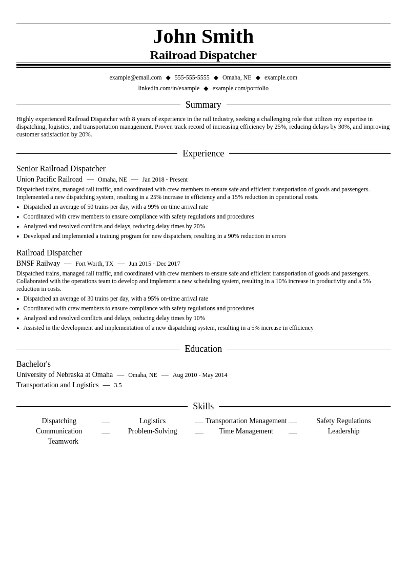 Railroad Dispatcher resume example