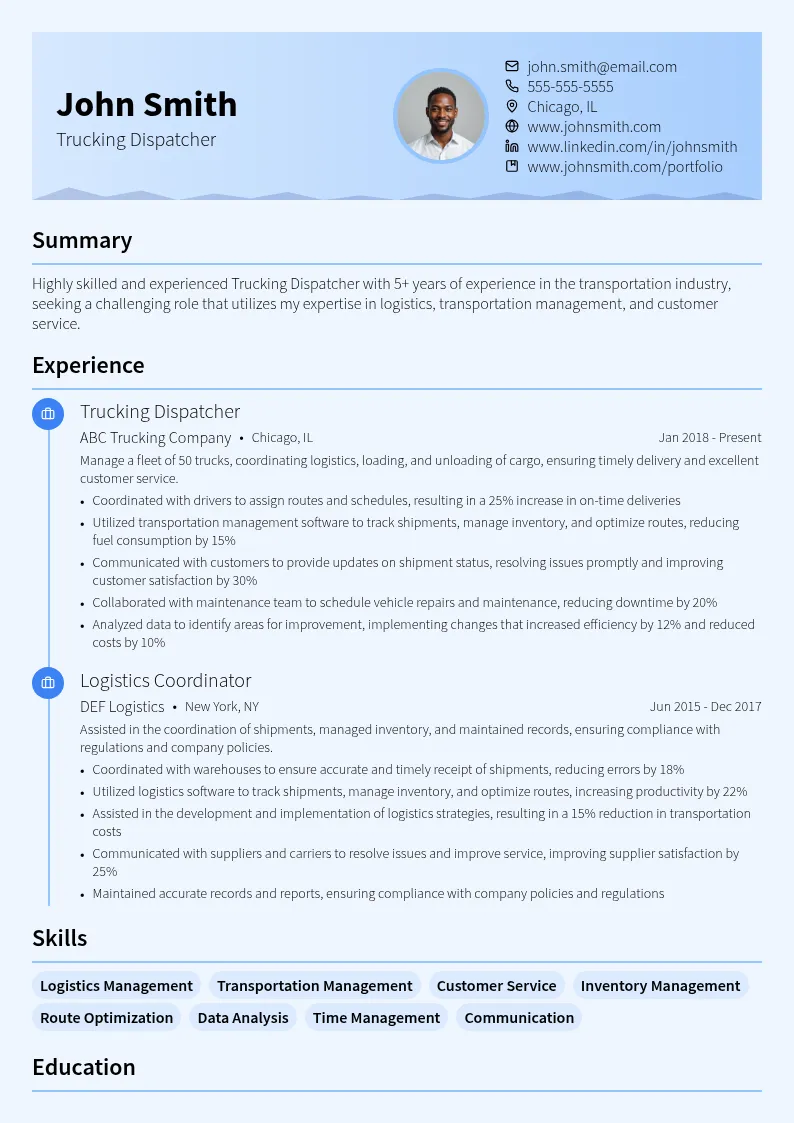 Trucking Dispatcher resume example