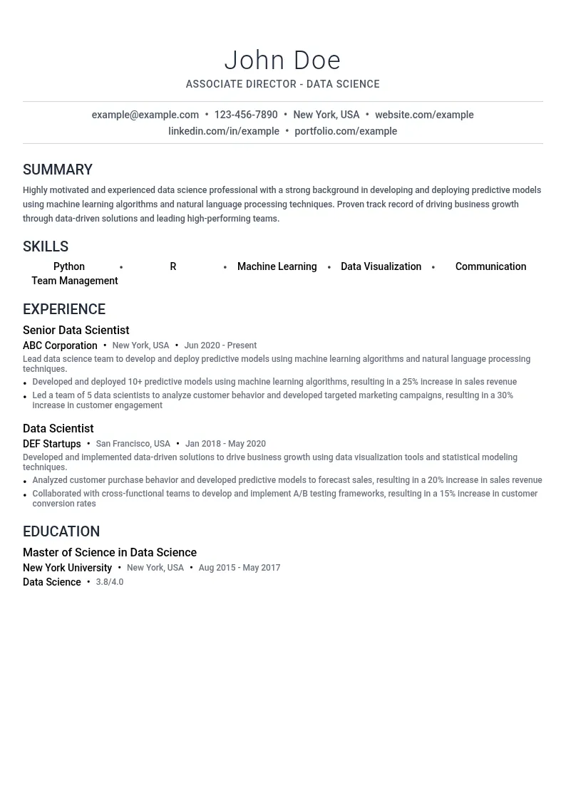Associate Director - Data Science resume example