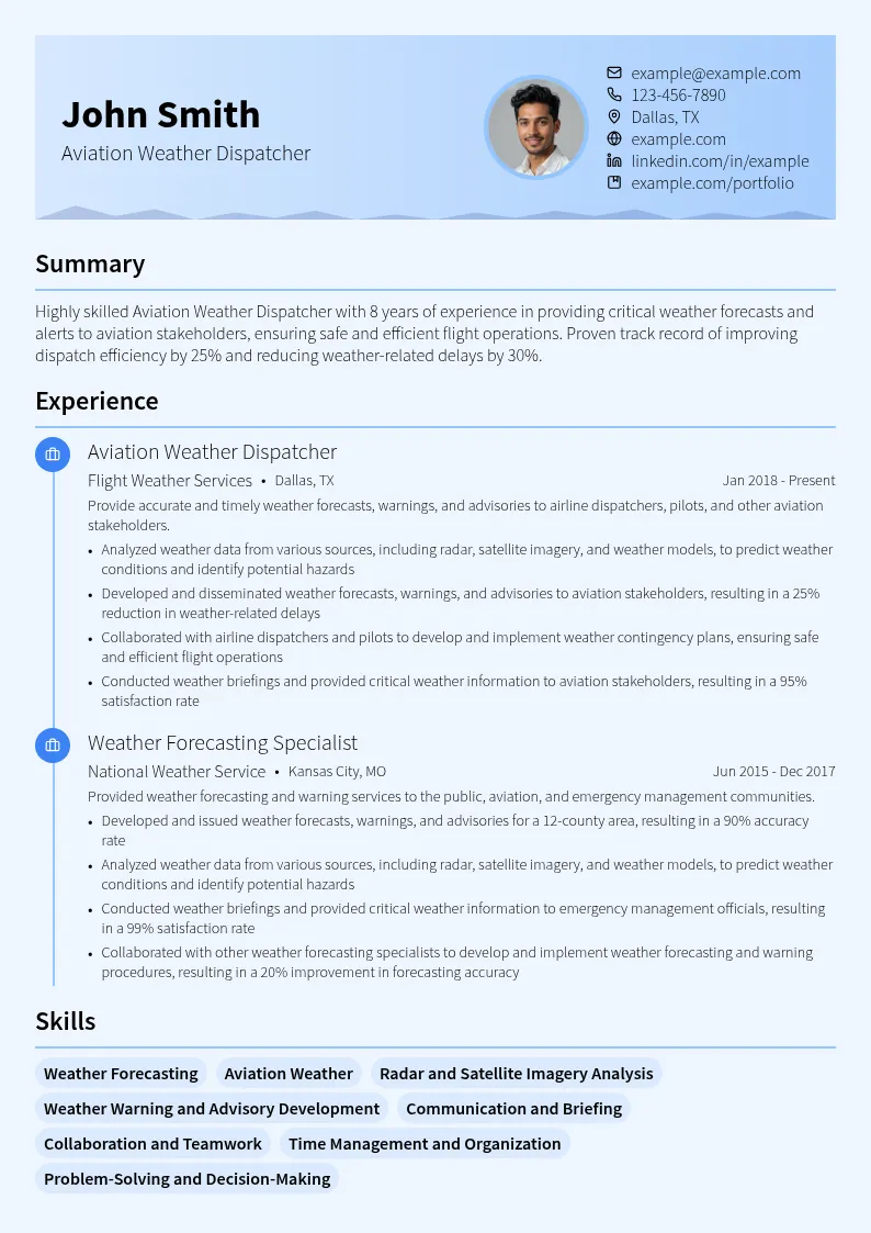 Aviation Weather Dispatcher resume example