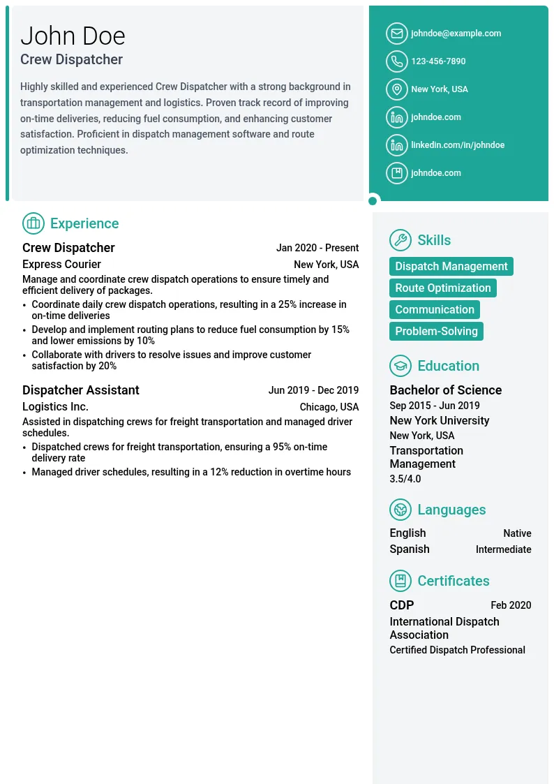 Crew Dispatcher resume example
