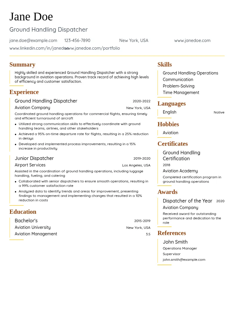Ground Handling Dispatcher resume example