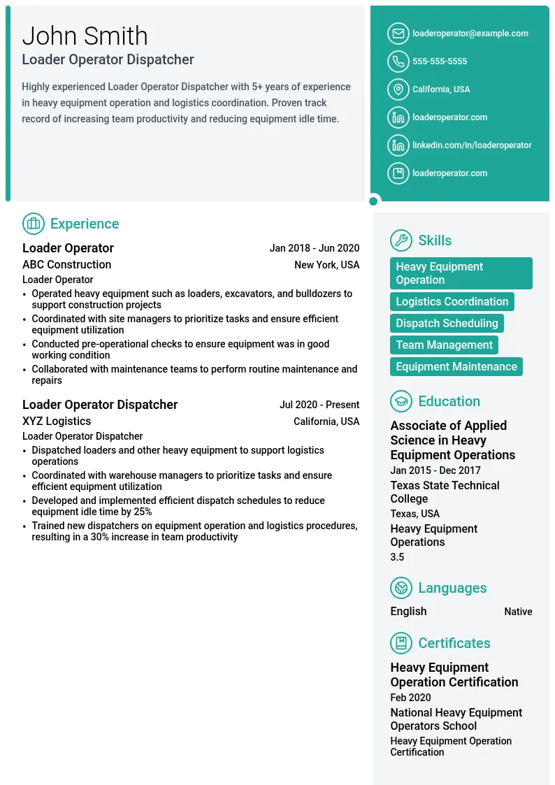 Loader Operator Dispatcher resume example