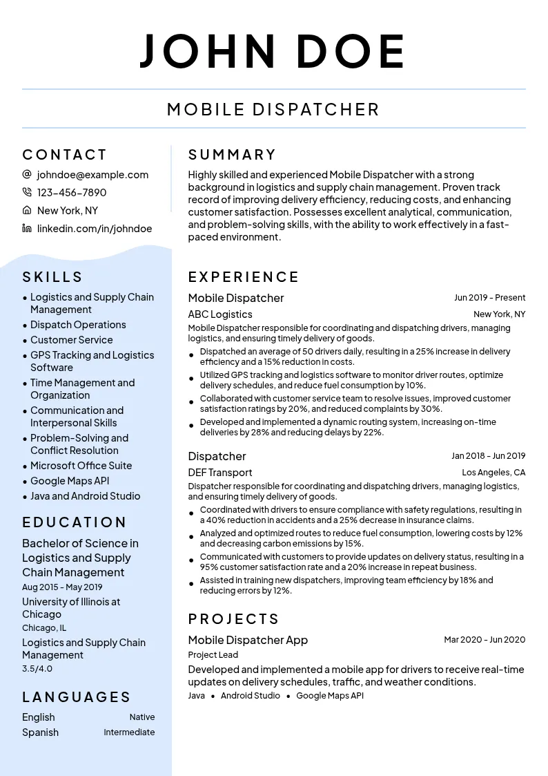 Mobile Dispatcher resume example