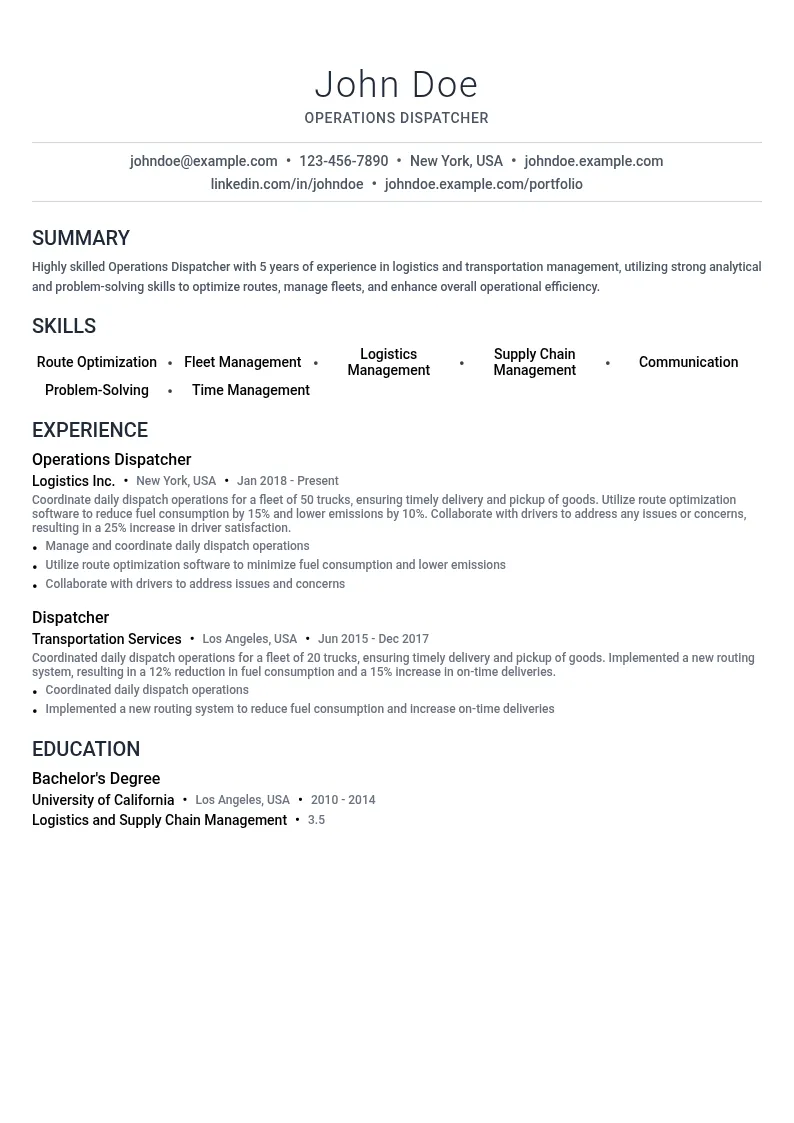 Operations Dispatcher resume example