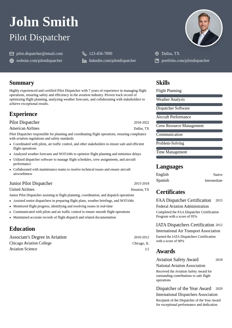 Pilot Dispatcher resume example