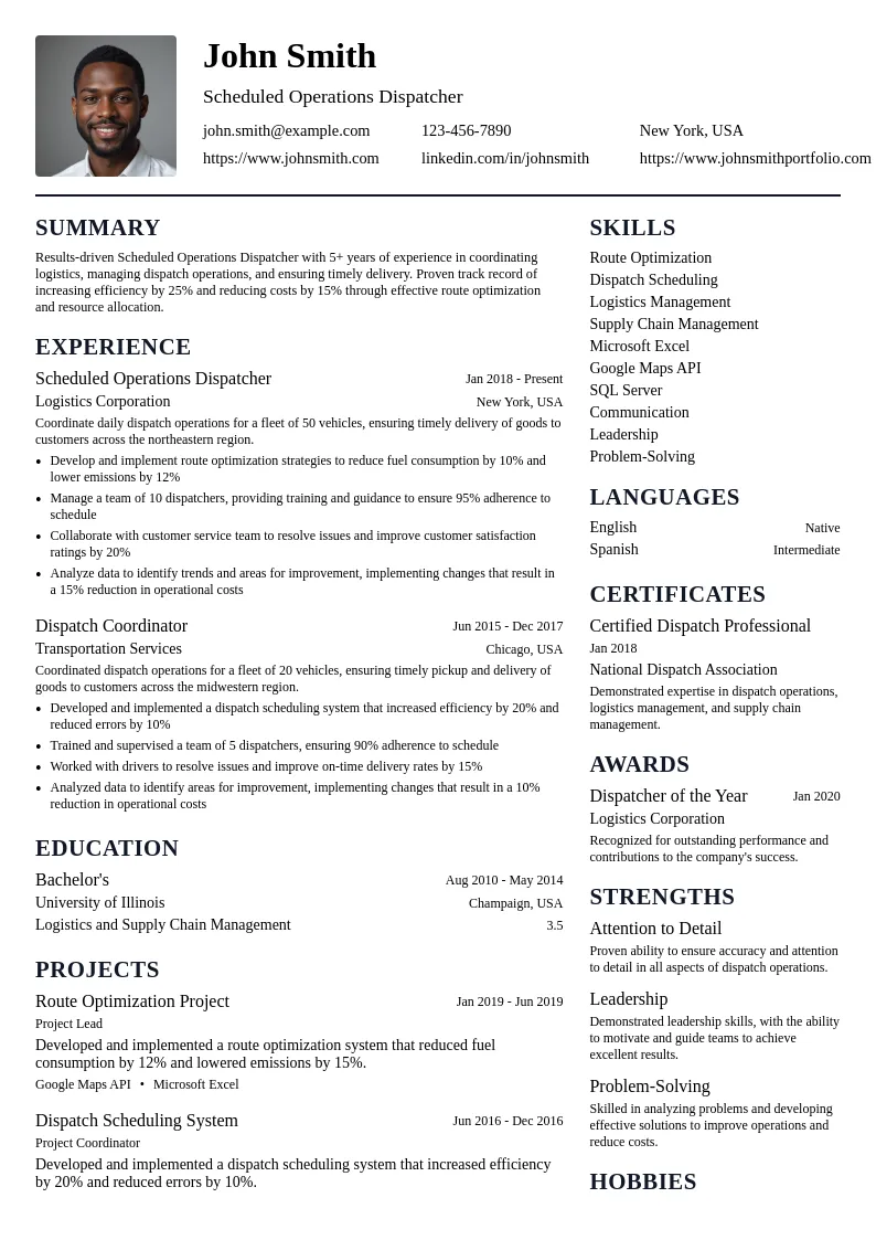 Scheduled Operations Dispatcher resume example