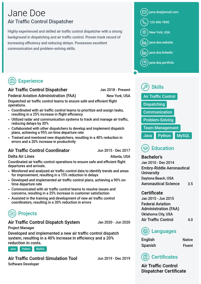Air Traffic Control Dispatcher resume example