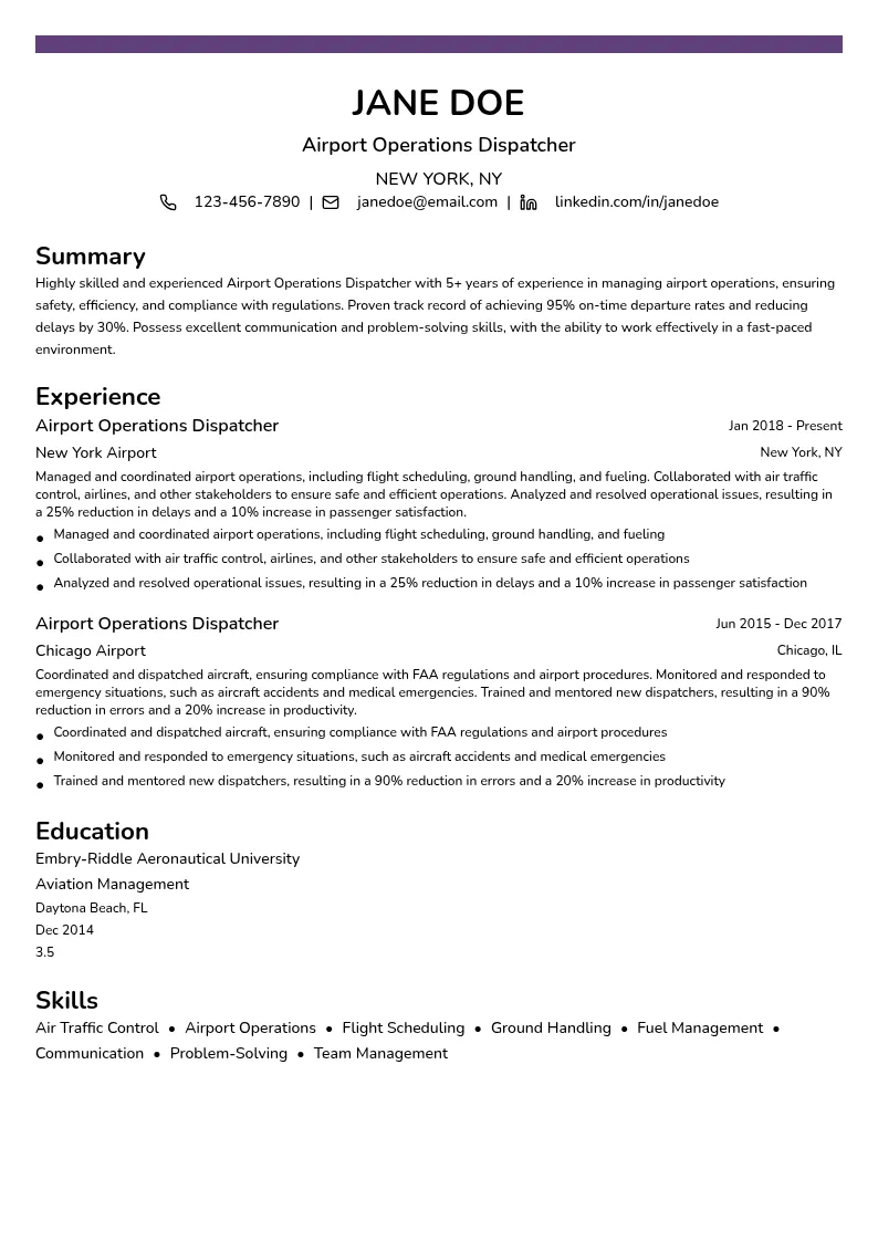 Airport Operations Dispatcher resume example