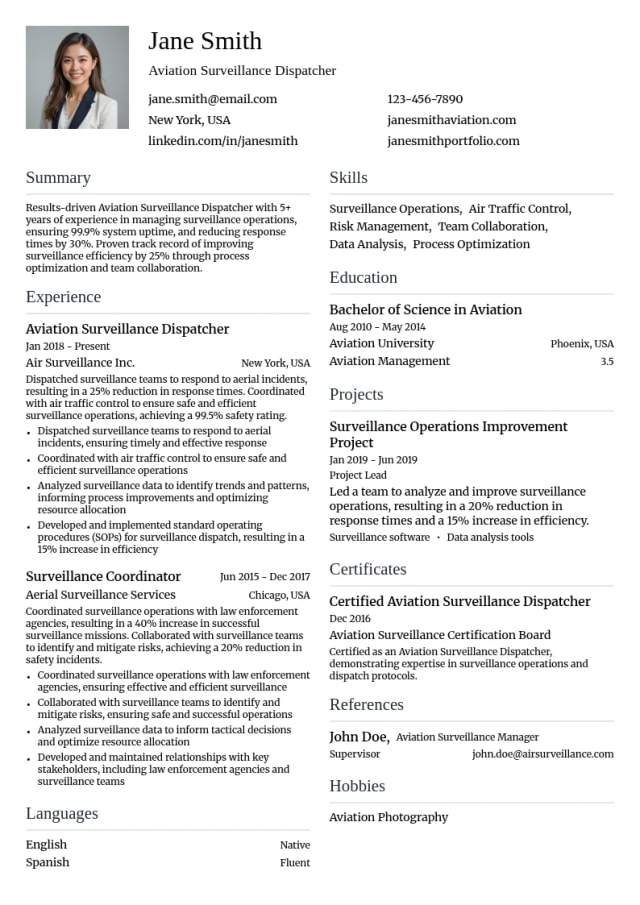 Aviation Surveillance Dispatcher resume example