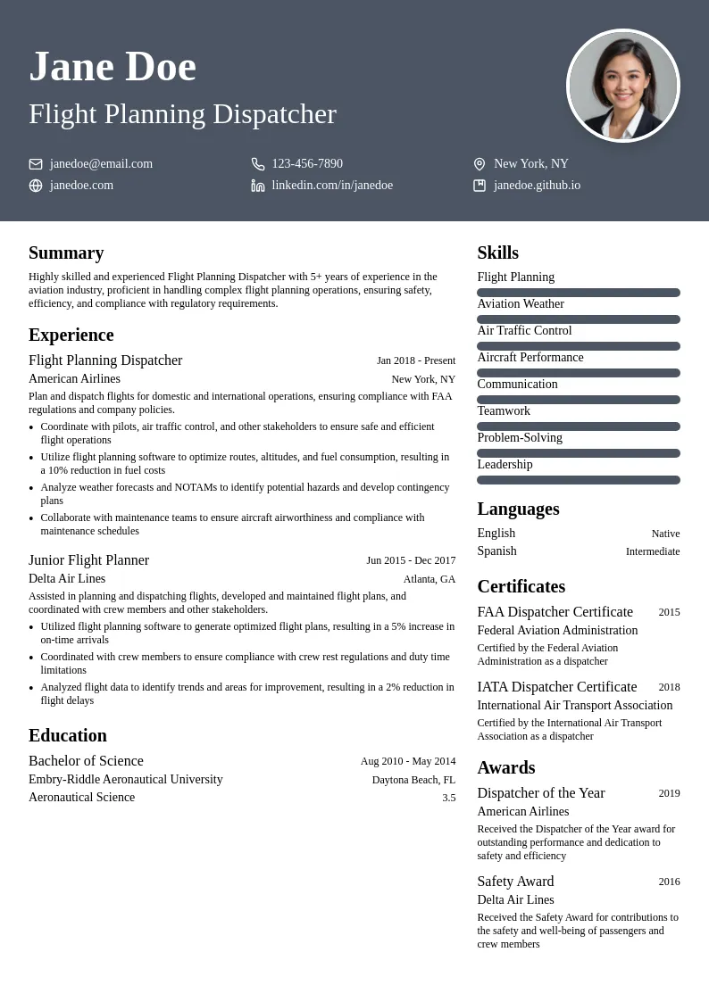 Flight Planning Dispatcher resume example