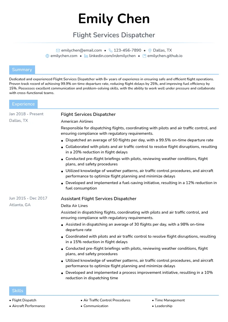 Flight Services Dispatcher resume example