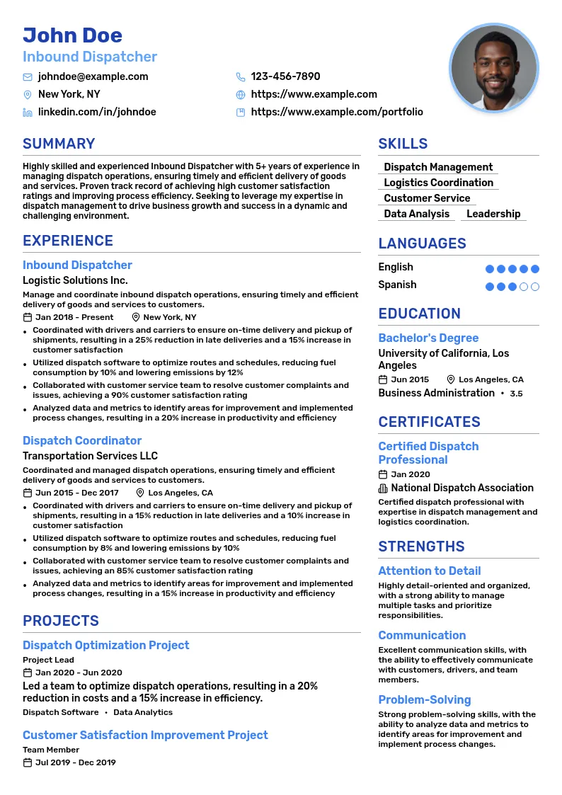 Inbound Dispatcher resume example