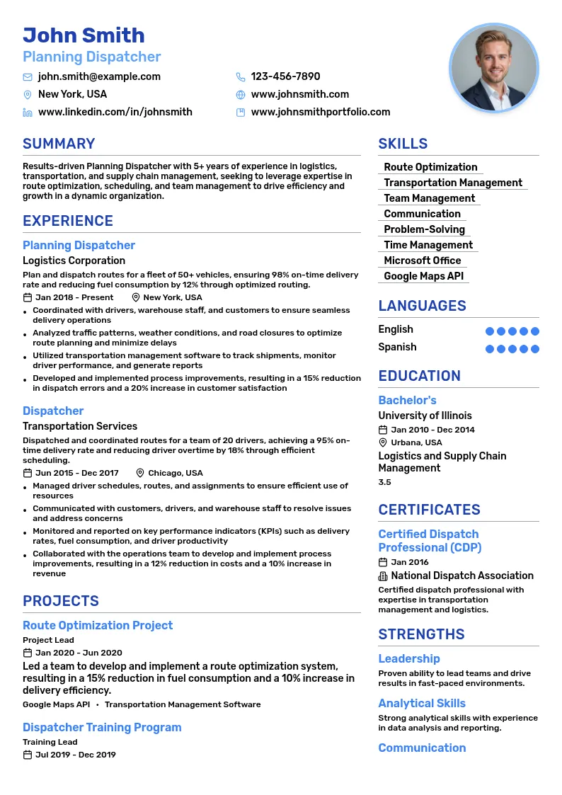 Planning Dispatcher resume example