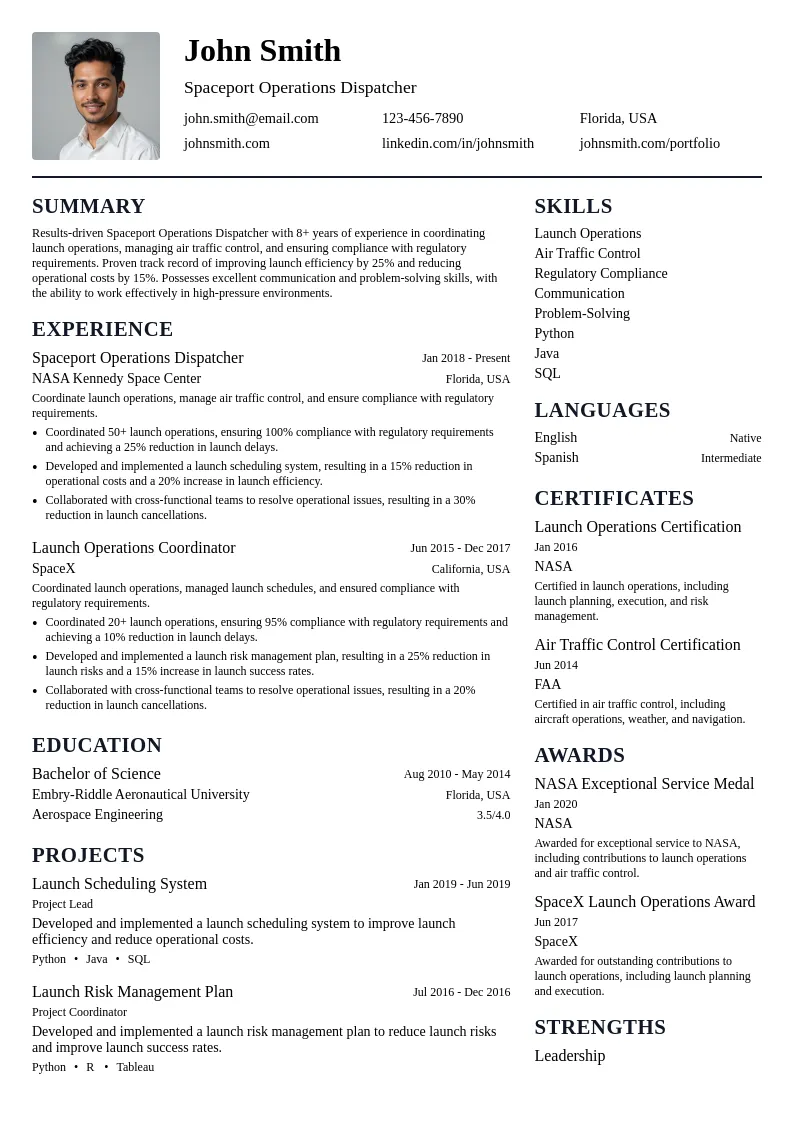 Spaceport Operations Dispatcher resume example