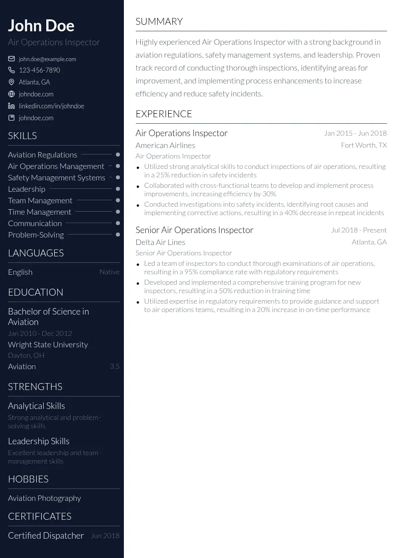 Air Operations Inspector resume example