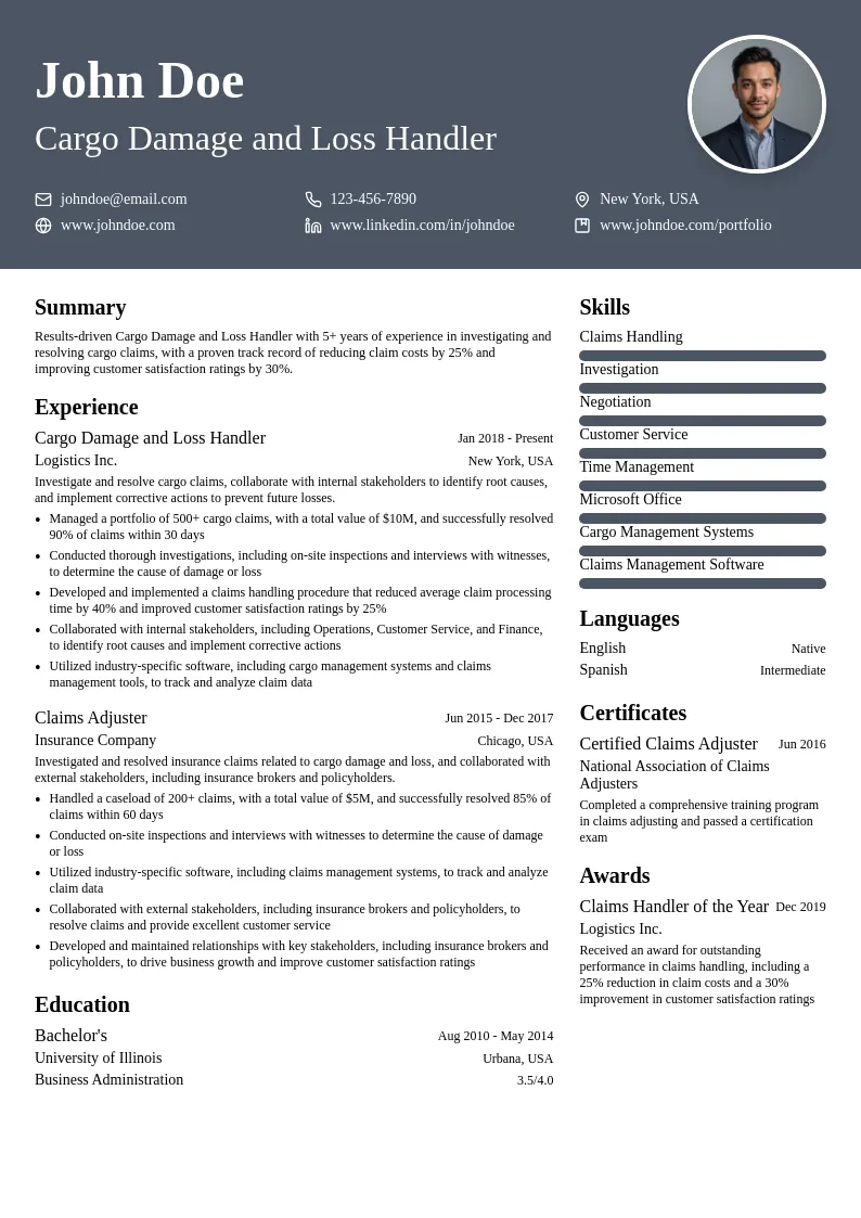 Cargo Damage and Loss Handler resume example