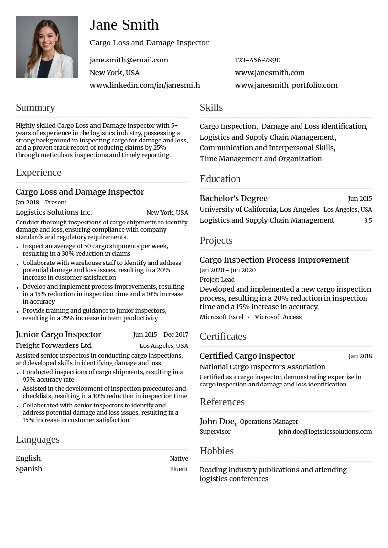 Cargo Loss and Damage Inspector resume example