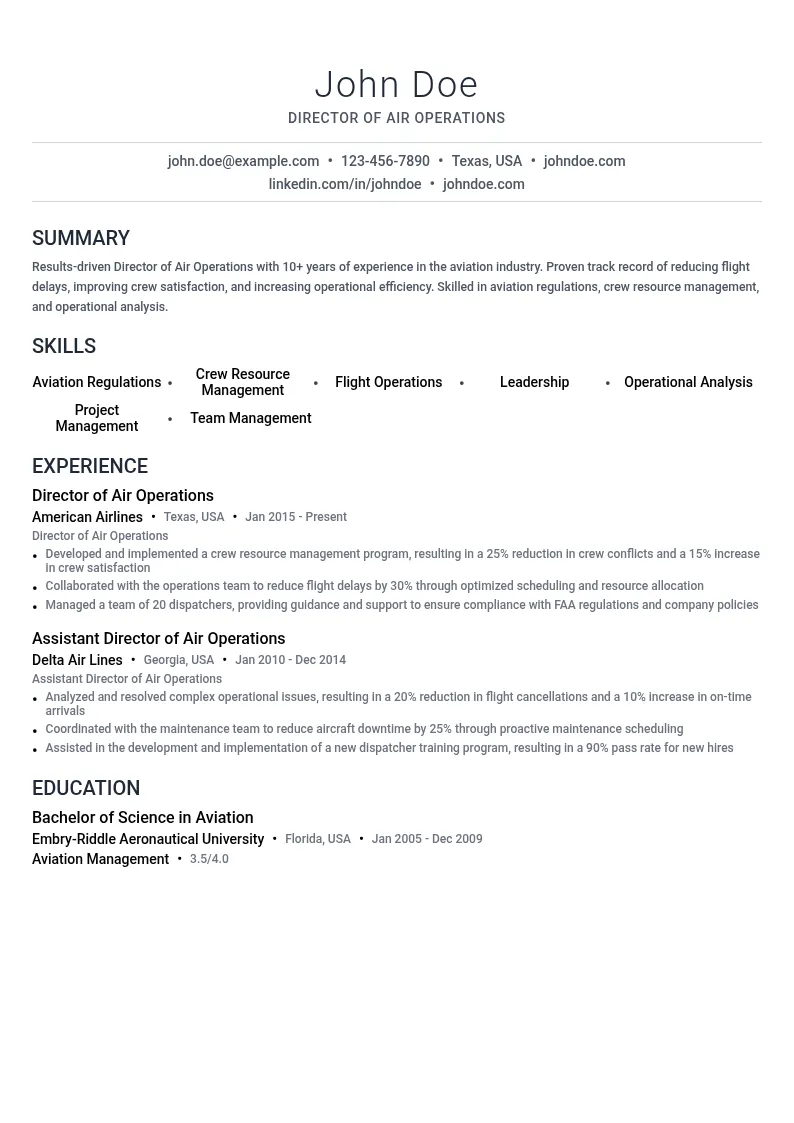 Director of Air Operations resume example