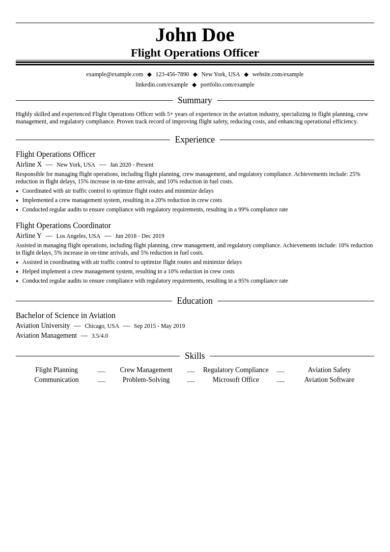 Flight Operations Officer resume example