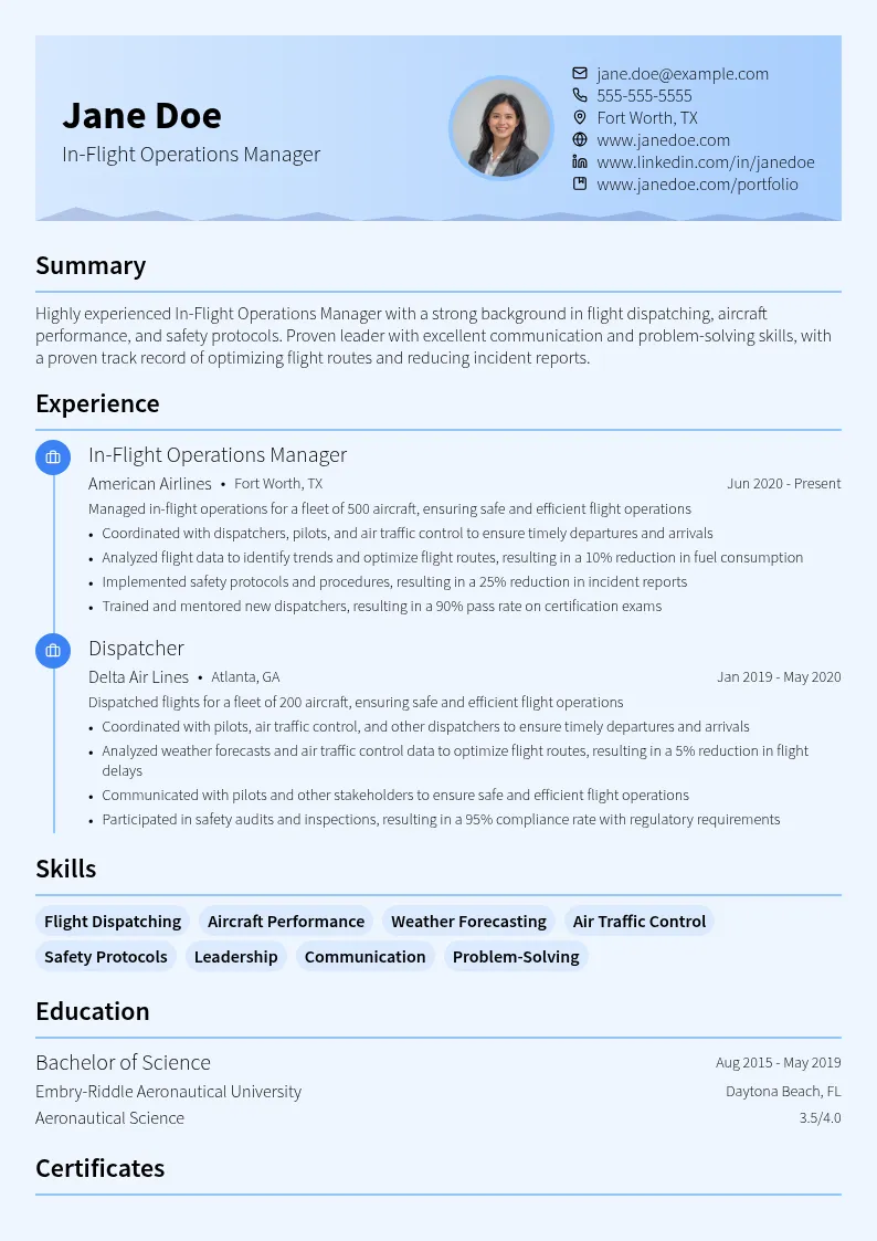 In-Flight Operations Manager resume example