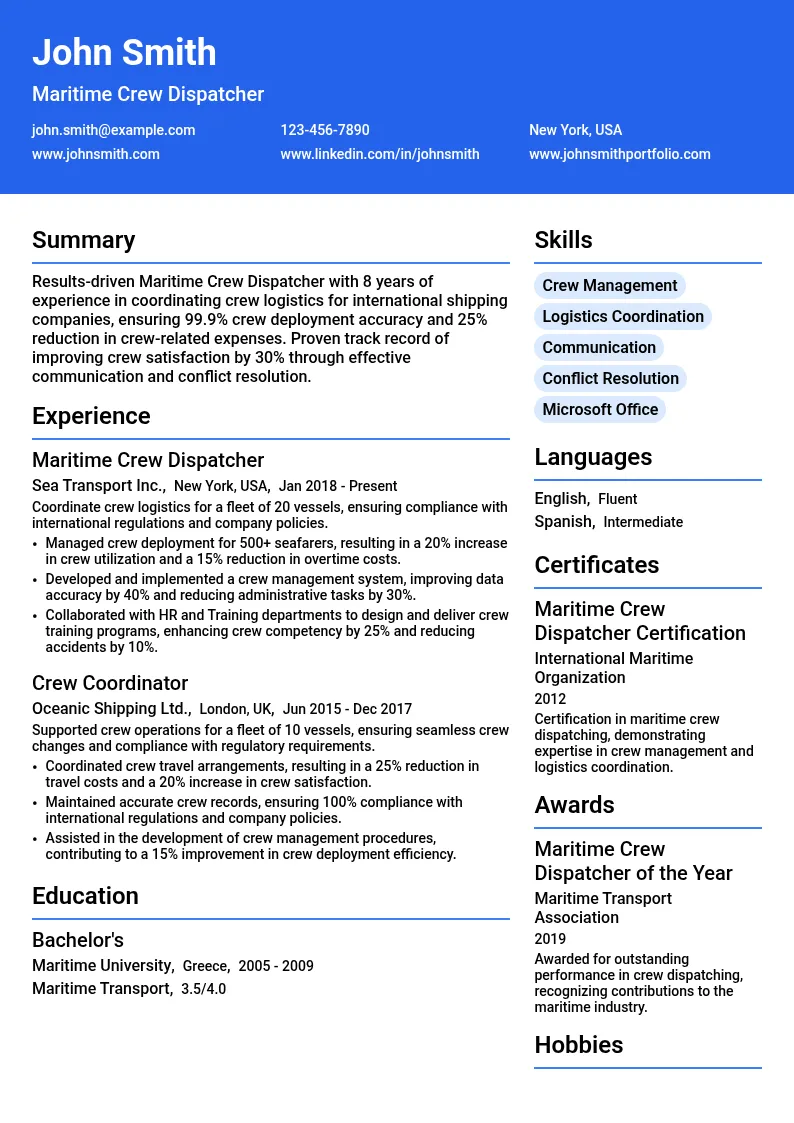 Maritime Crew Dispatcher resume example
