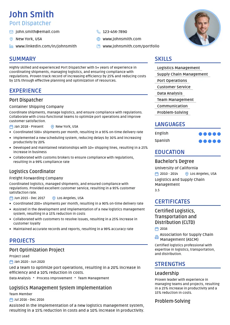 Port Dispatcher resume example