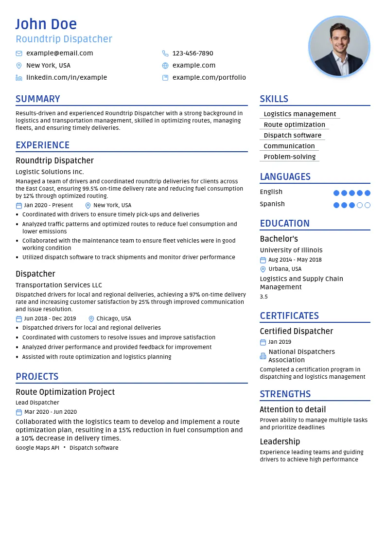 Roundtrip Dispatcher resume example
