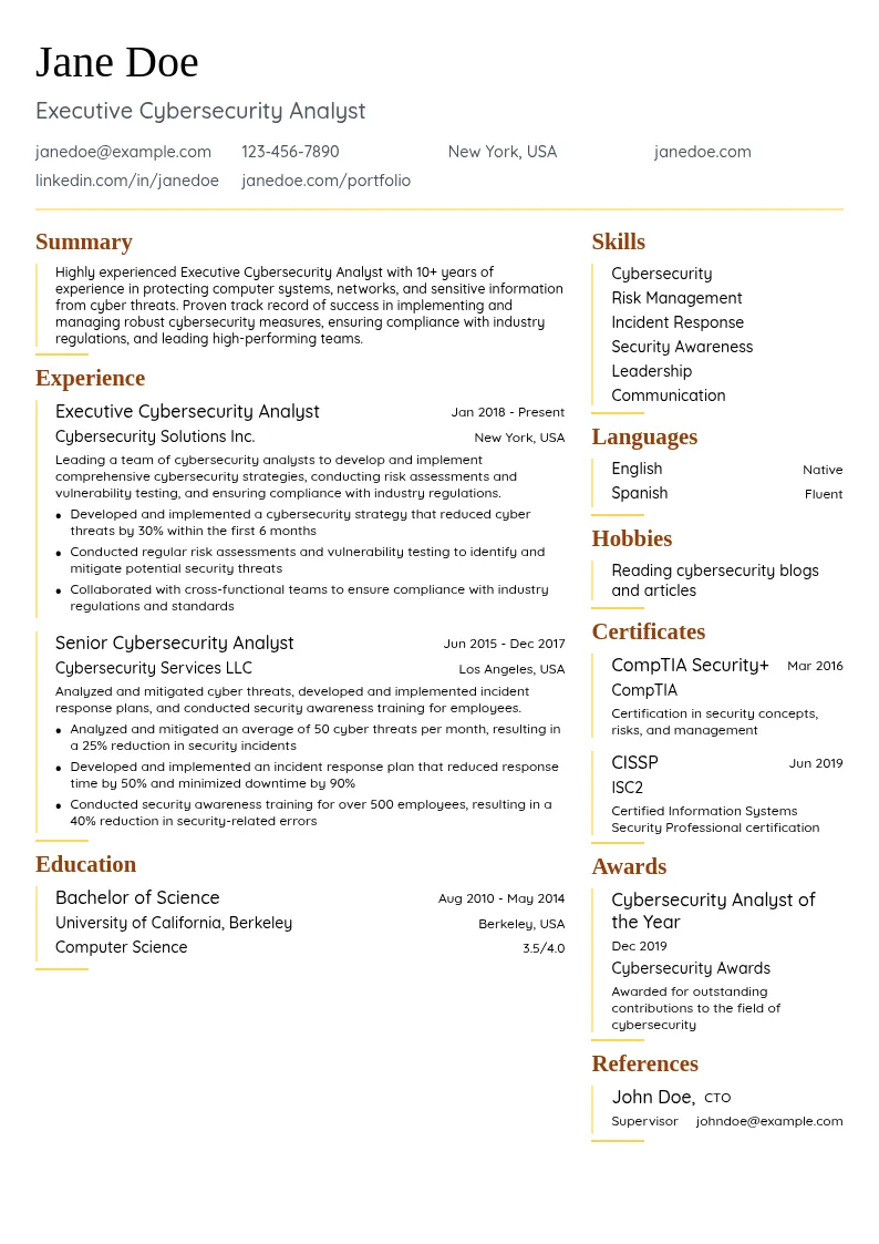 Executive Cybersecurity Analyst resume example