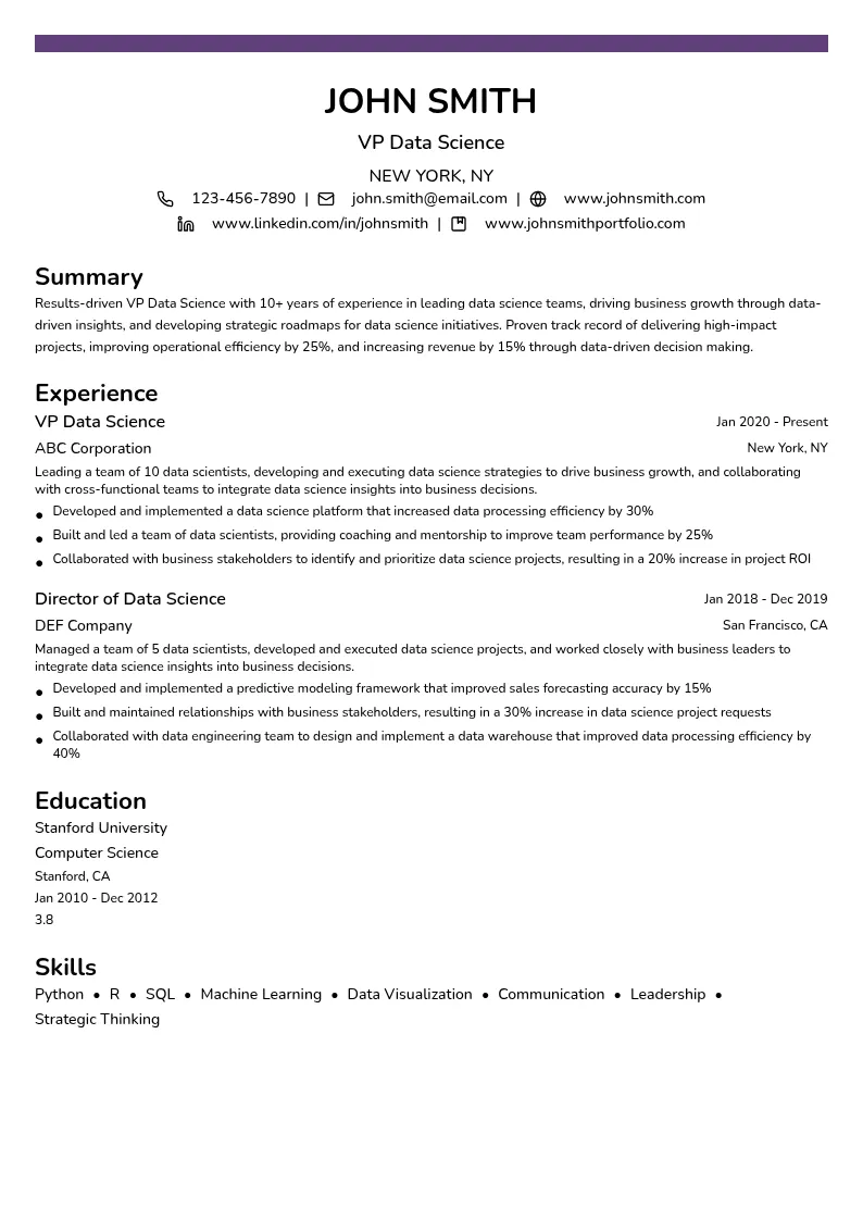 VP Data Science resume example