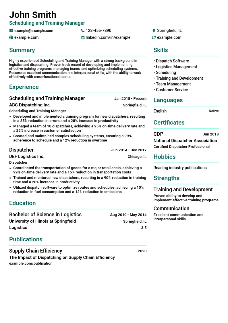 Scheduling and Training Manager resume example