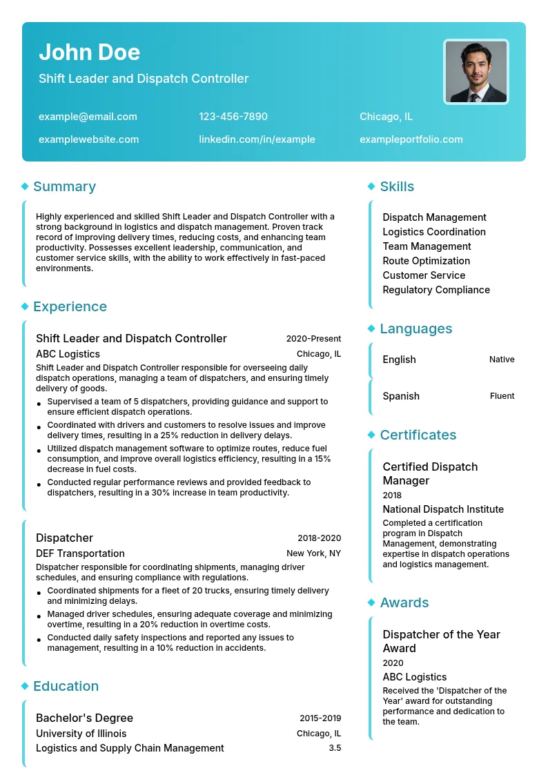 Shift Leader and Dispatch Controller resume example
