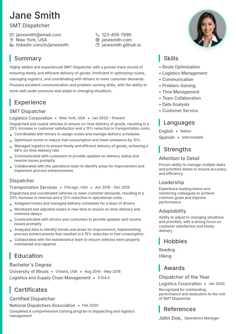SMT Dispatcher resume example