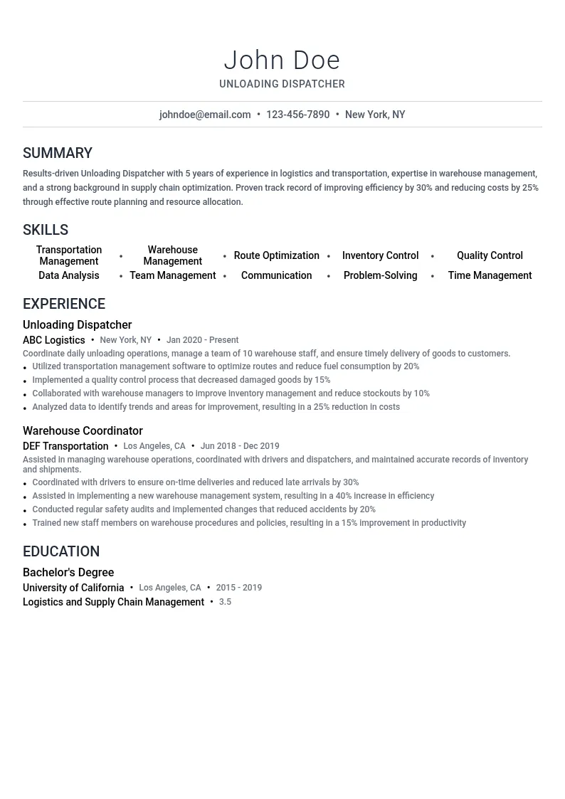 Unloading Dispatcher resume example