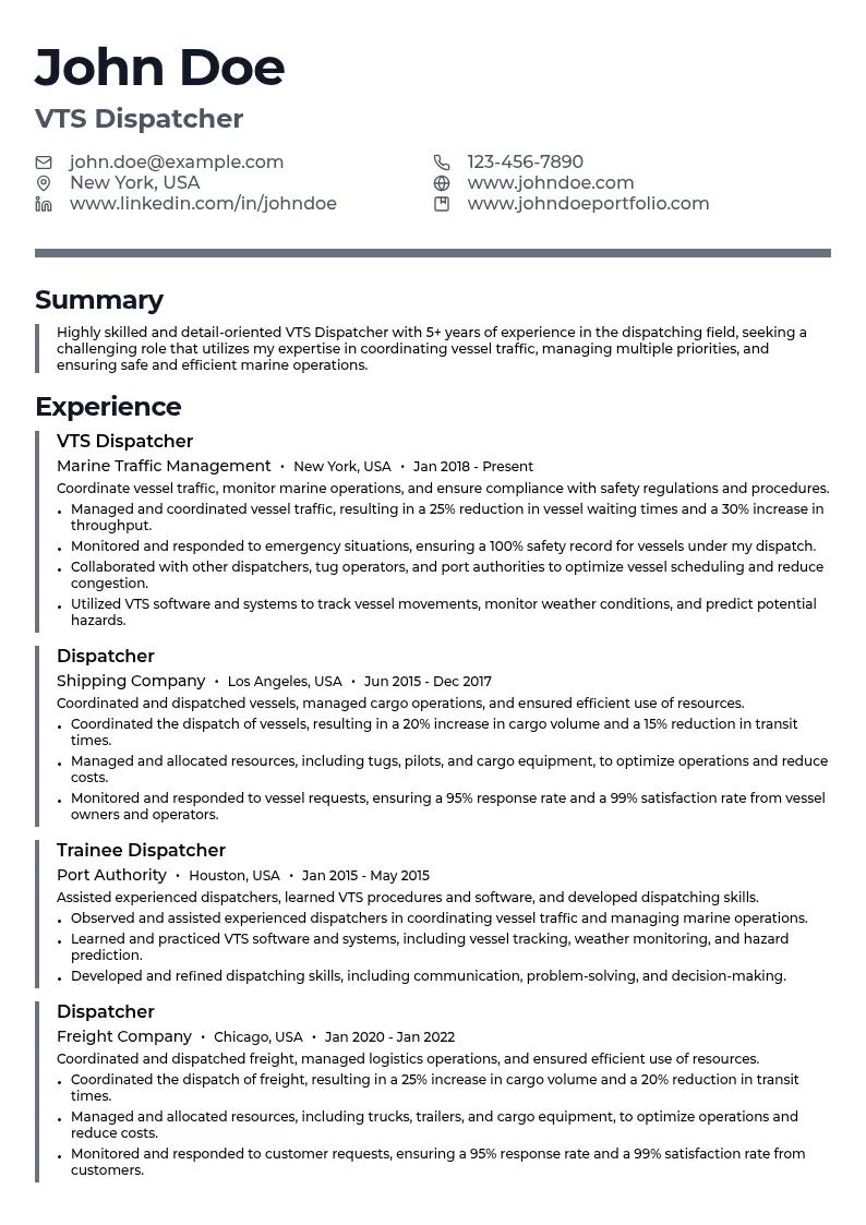 VTS Dispatcher resume example
