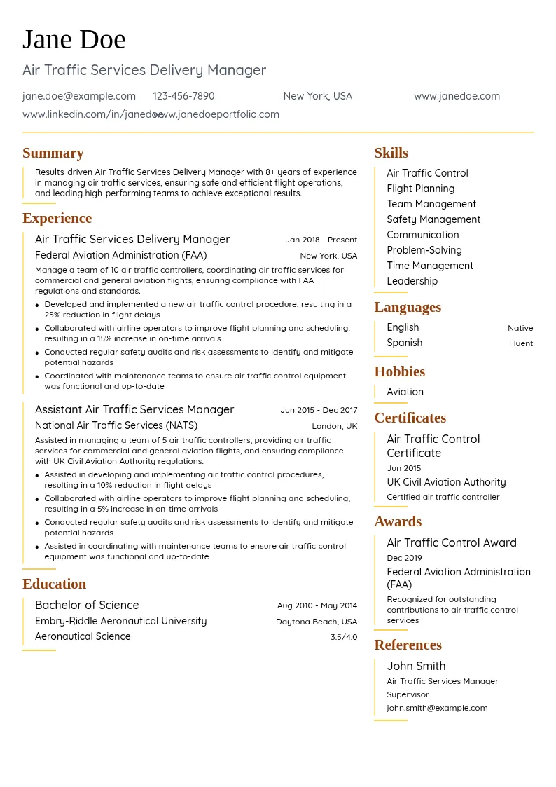 Air Traffic Services Delivery Manager resume example