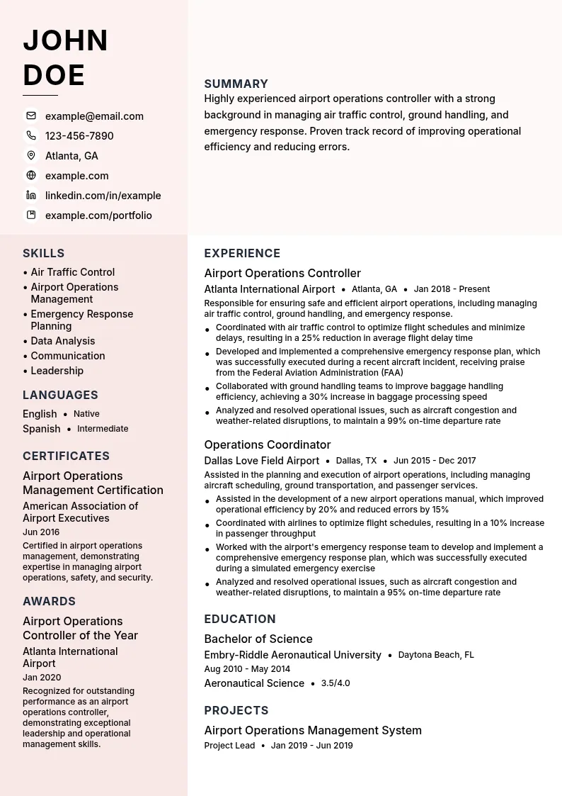 Airport Operations Controller resume example