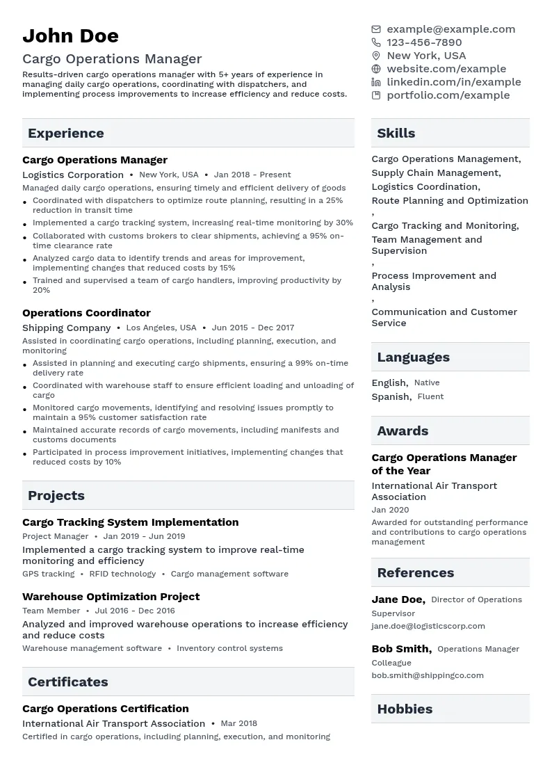 Cargo Operations Manager resume example
