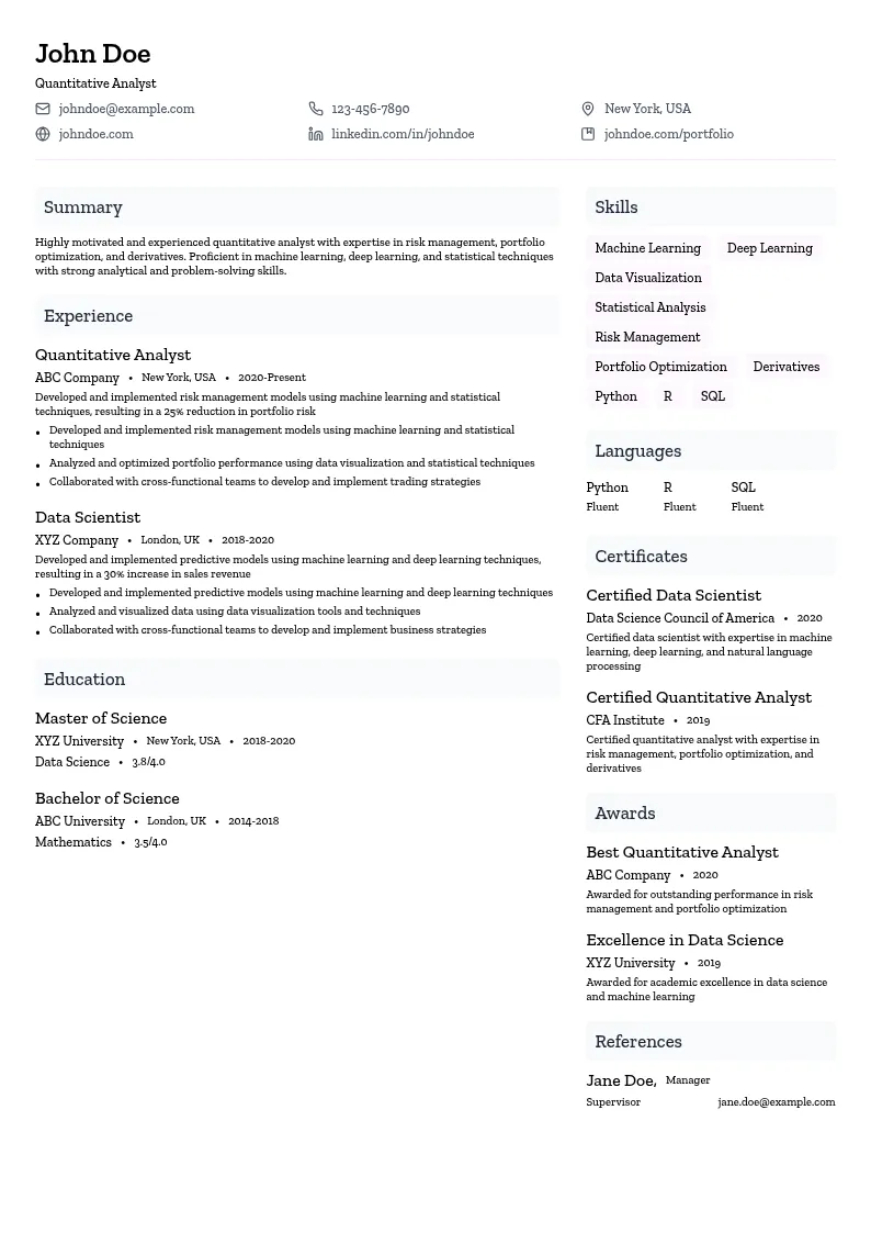 Quantitative Analyst resume example