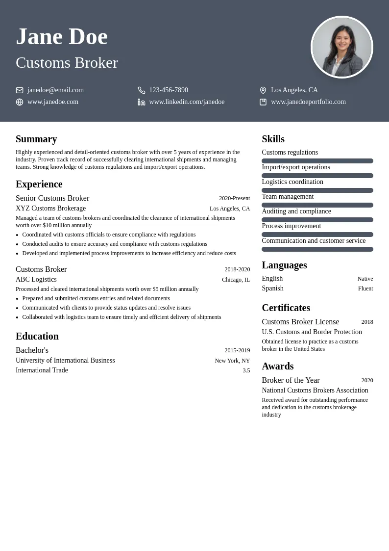 Customs Brokerage resume example