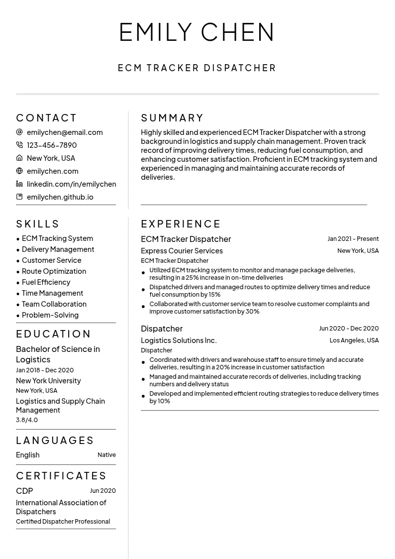 ECM Tracker Dispatcher resume example