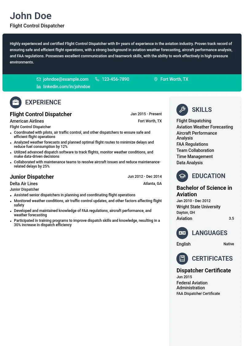 Flight Control Dispatcher resume example