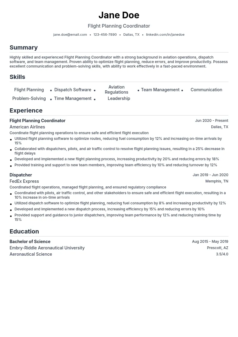 Flight Planning Coordinator resume example