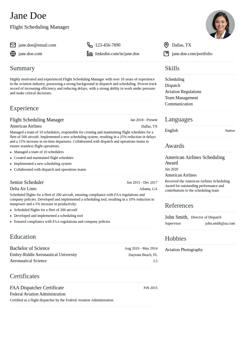 Flight Scheduling Manager resume example