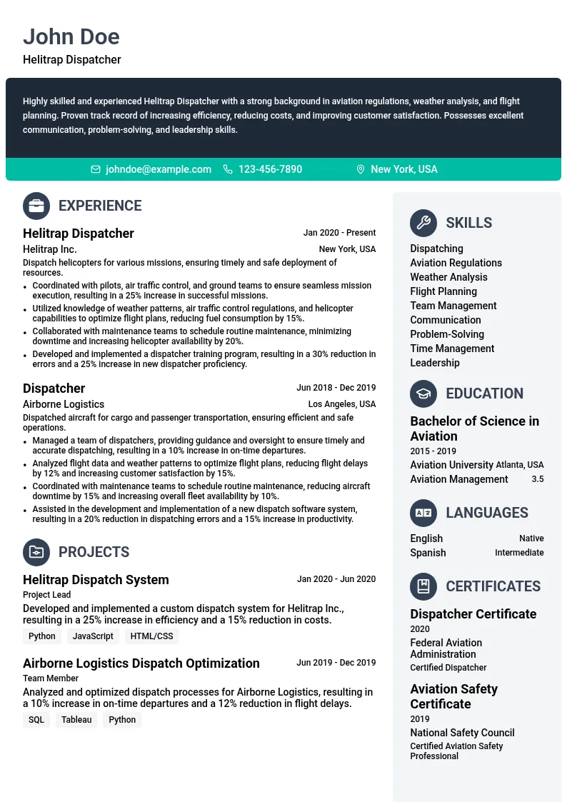 Helitrap Dispatcher resume example