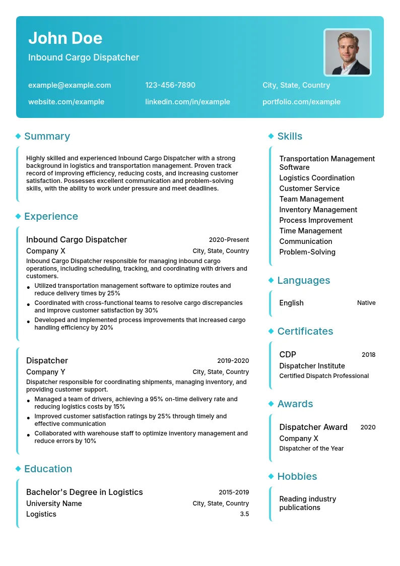 Inbound Cargo Dispatcher resume example