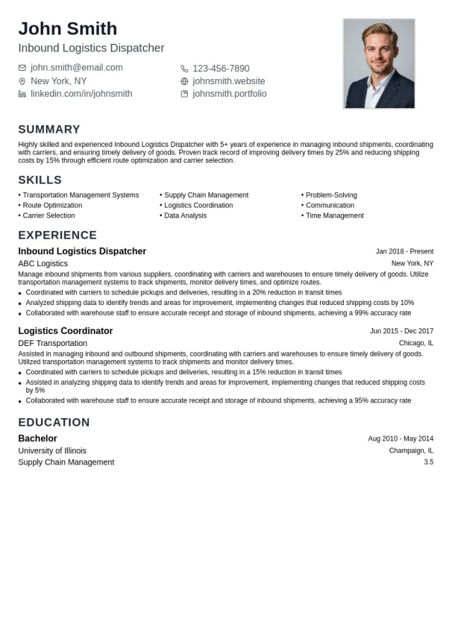 Inbound Logistics Dispatcher resume example